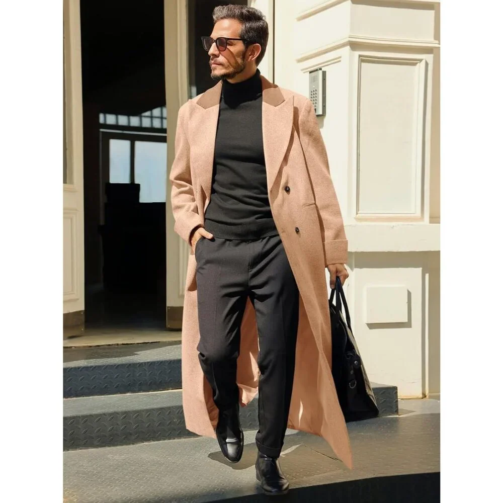 Men's Khaki Full Length Trench Coat Notched Lapel Long Jacket Double Breasted - Picture 2 of 5